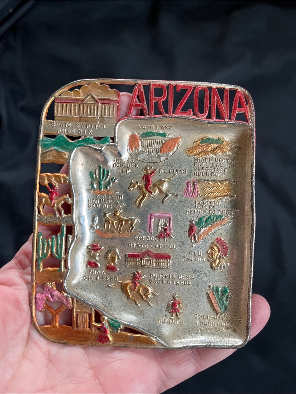 Vtg 50s ARIZONA Travel Souvenir Pressed Metal Ashtray Trinket Dish MCM Japan